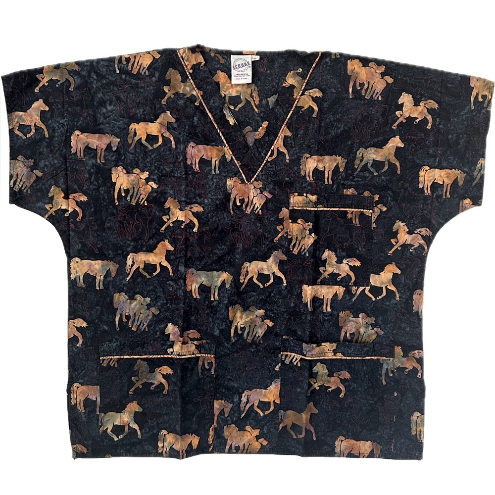 Smart Scrubs Black and Brown Horse Print Top